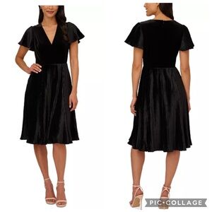 Adrianna Papell Pleated Flutter Sleeve Velvet‎ Midi Dress Black 8